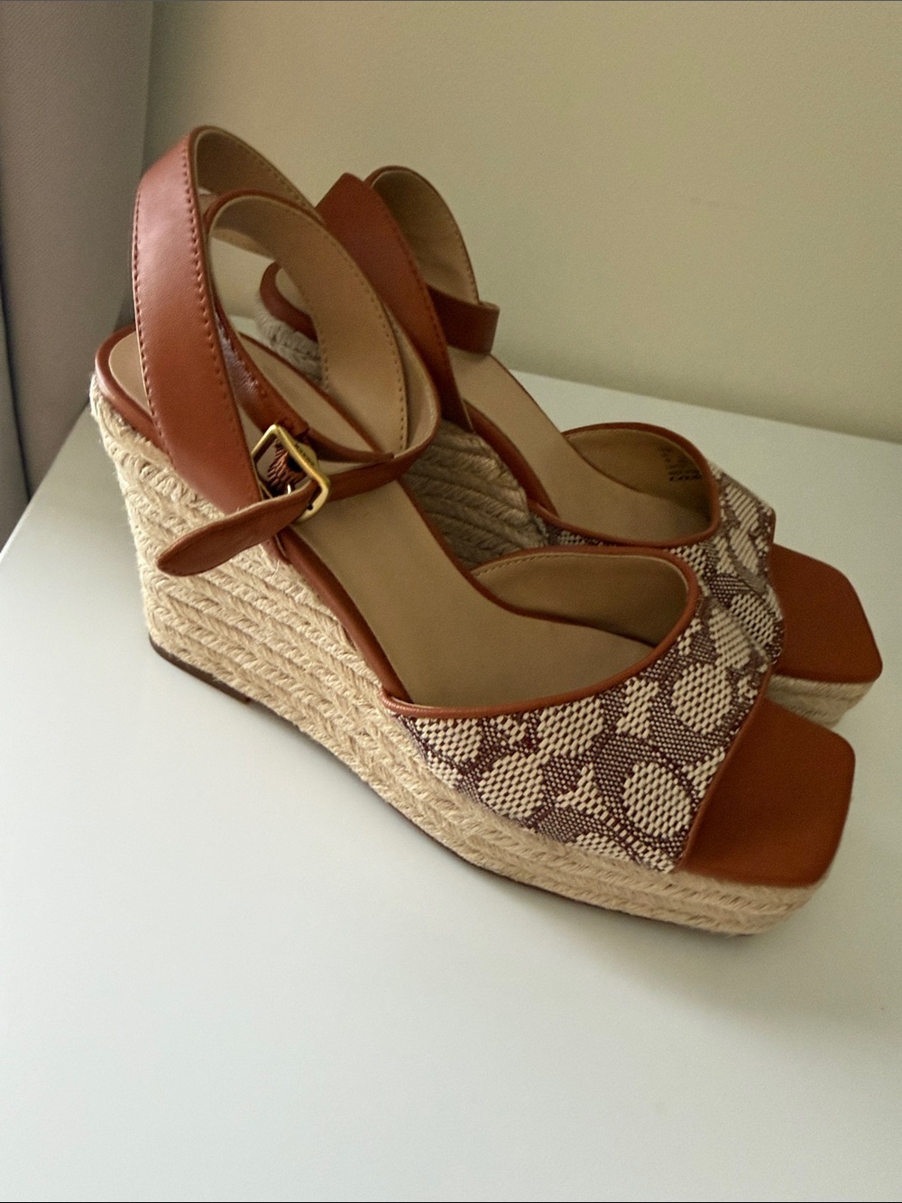 Coach Tan and Cream Logo Platform Wedge Sandals with Ankle Strap - Picture 2 of 4